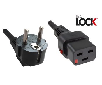 Mains cable Europe CEE 7/7 90° to C19, 1.5mm², with lock, VDE, black, length 2.00m